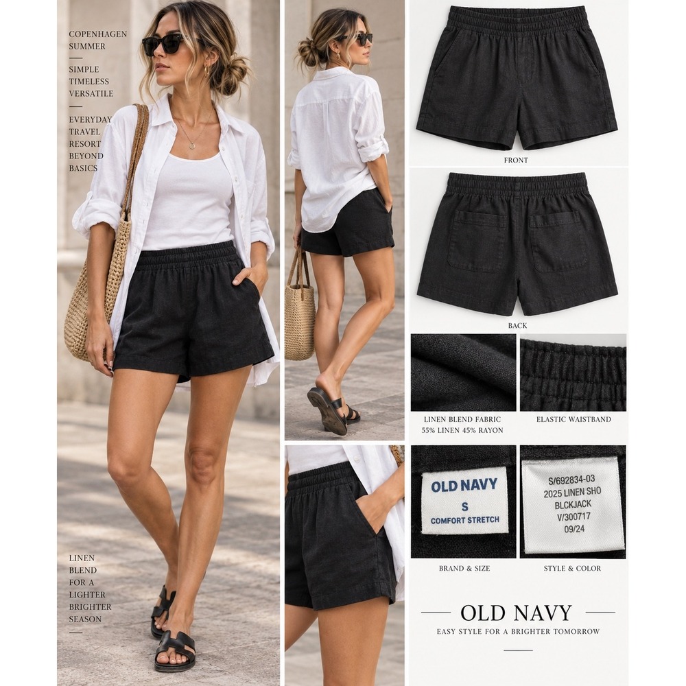 Old Navy Linen Blend Shorts S Black Pull On Elastic Waist Coastal Minimalist